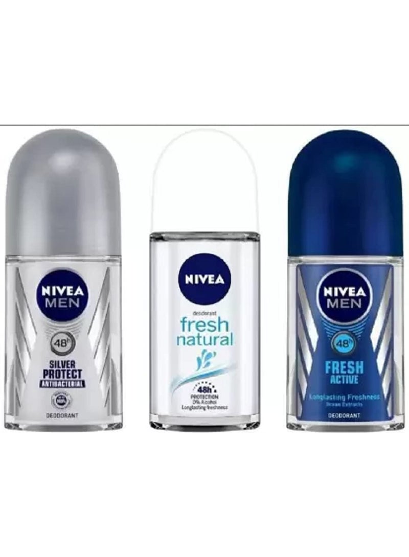 نيفيا مجموعة مزيل العرق نيفيا رول أون، سيلفر بروتكت، فريش ناتشورال، فريش أكتيف، 50 مل لكل مزيل عرق رول أون - للرجال (150 مل، عبوة من 3 قطع) - Image 1